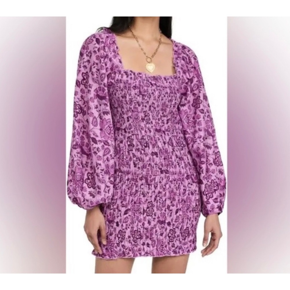 Free People Dress Smock It‎ To Me Women's Small Purple Floral Mini Smocked Boho